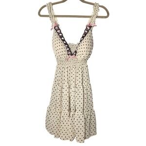 Enchanted Cream Polka Dot Babydoll Nightie Pink Bows Smocked Waist Medium Lolita